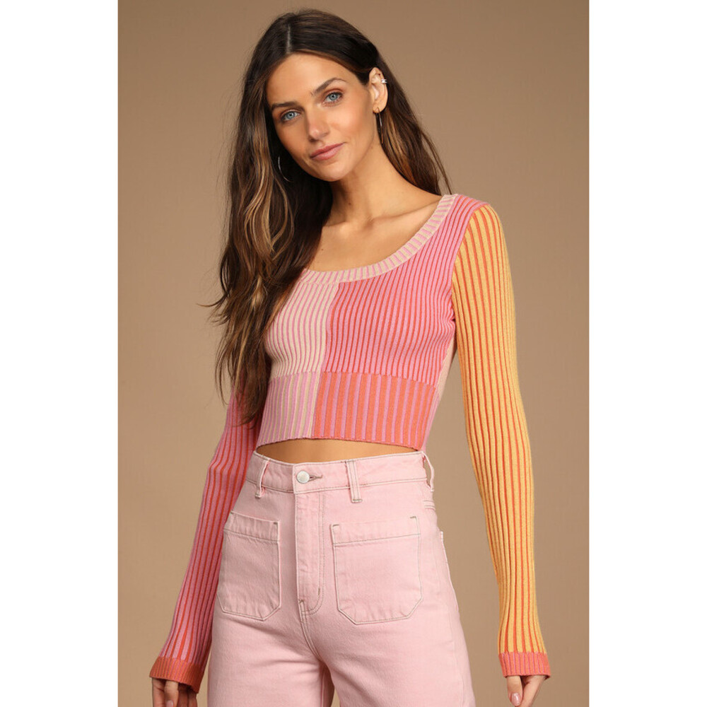 Lulus Meant To Be Mod Pink Color Block Ribbed Long Sleeve Crop Top - Size S